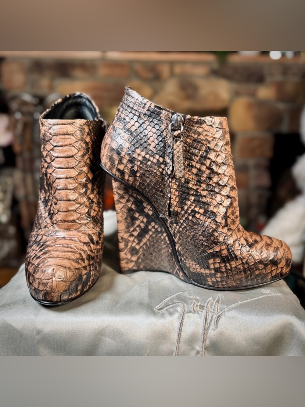 Giuseppe Zanotti Brown Python 130mm Thin Wedge Platform Ankle Booties Sz 36.5/6